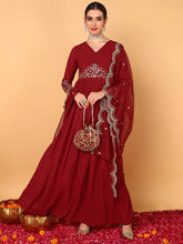 Women Red Georgette Embroidered Zari Work Flared Kurta with Dupatta